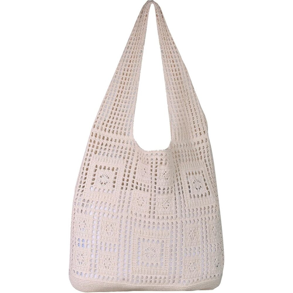 Women's Beige 2 Crochet Bag Cute Mesh Summer Knitted Shoulder Beach Tote Bags